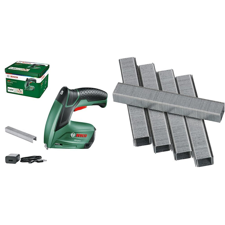 Bosch Akku Tacker PTK 3,6 LI (Integrierter Akku, 3,6 Volt, 30 Schläge/min, in Metalldose) & 1000x Ta