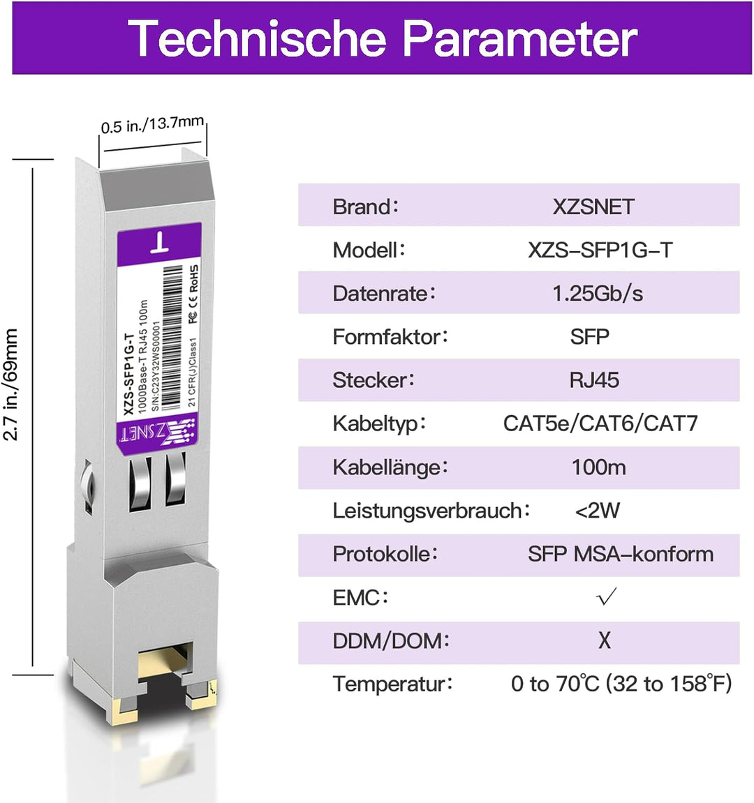1000BASE-T SFP Transceiver, 1.25G Kupfer SFP zu RJ45 Mini GBIC Modul für Cisco GLC-T/SFP-GE-T, Ubiqu
