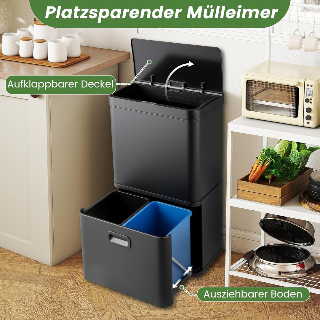 COSTWAY Mülleimer 3 Fächer, 56L Mülltrennsystem inkl. 2 ausnehmbaren Abfallbehältern, 2 x 10L + 36 L