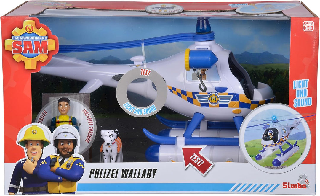 Simba 109252537 - Feuerwehrmann Sam Polizei Wallaby, mit Sound, Blaulicht, Suchscheinwerfer, Seilwin