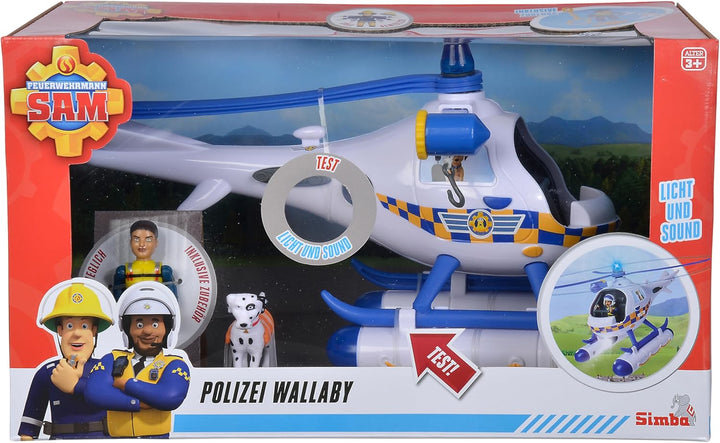 Simba 109252537 - Feuerwehrmann Sam Polizei Wallaby, mit Sound, Blaulicht, Suchscheinwerfer, Seilwin