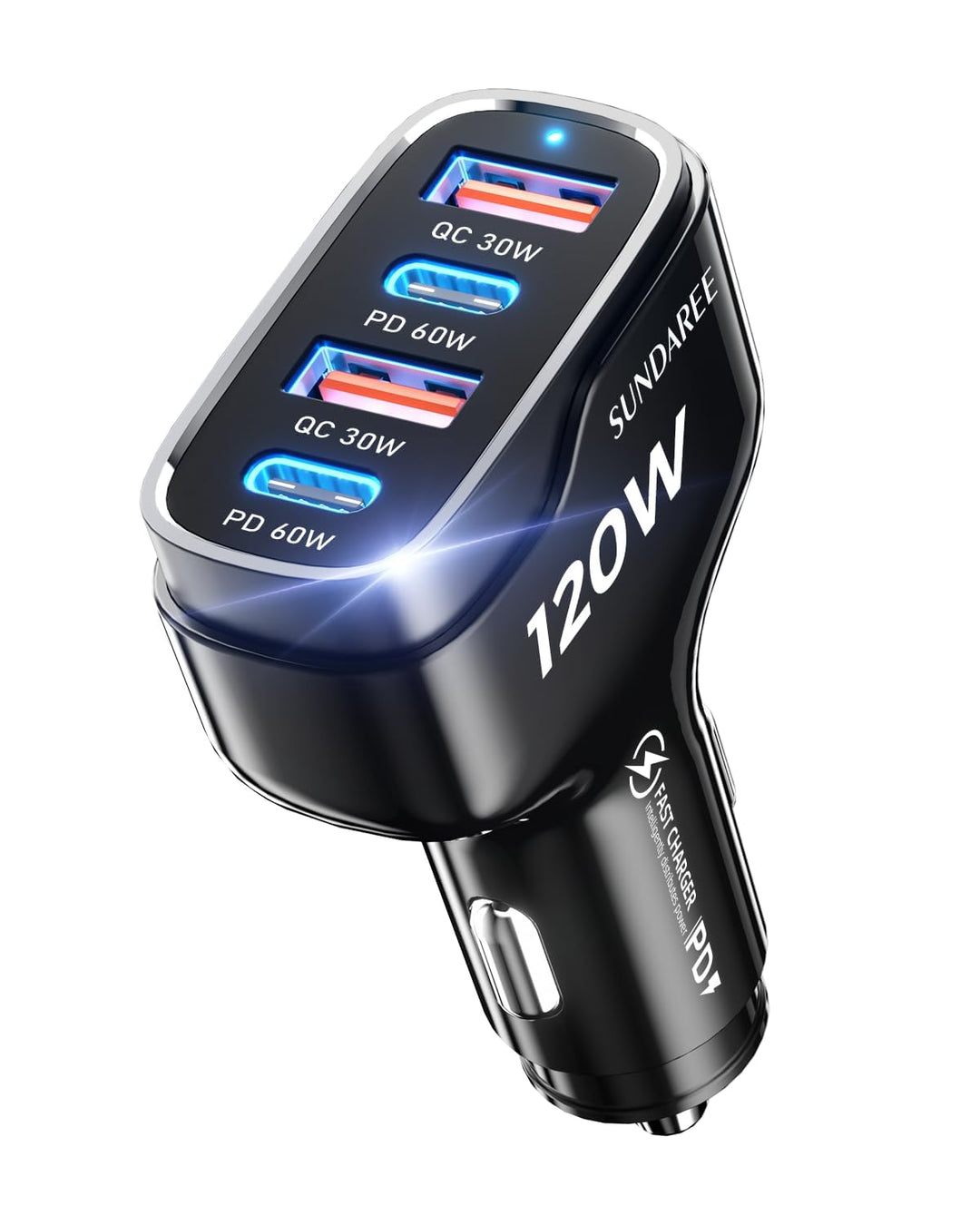 SUNDAREE Auto Ladegerät USB C,120W 4 Port 12V 24V Kfz Typ PD QC Schnellladen 4Fach Handy Zigarettena
