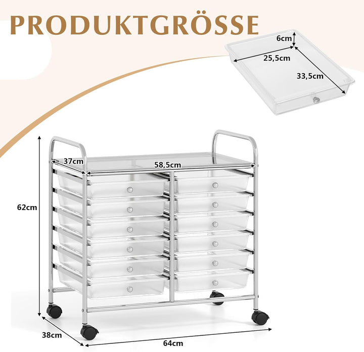 COSTWAY Rollwagen mit 12 stapelbaren Schubladen, Schubladenwagen Rollcontainer mit Metallgestell & A