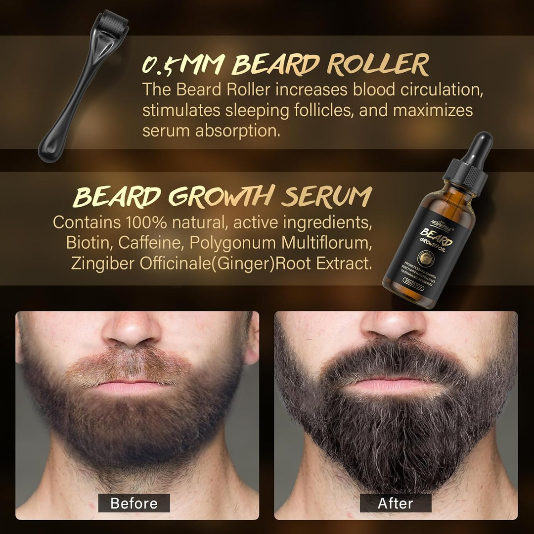 Bartwachstums-Set – Biotin-Bartwachstumsöl mit Roller zur Förderung des Haarwuchses – Bartserum zur