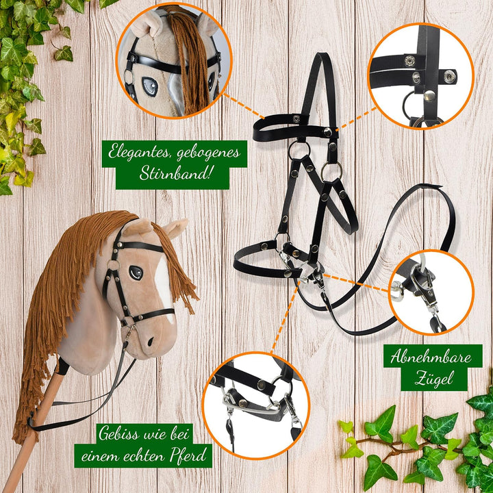 Hobby Horse Beige A3, Pferd, komplett mit Netz, Gebiss, Zügel, Halfter und blauer Insektenmütze, Pfe