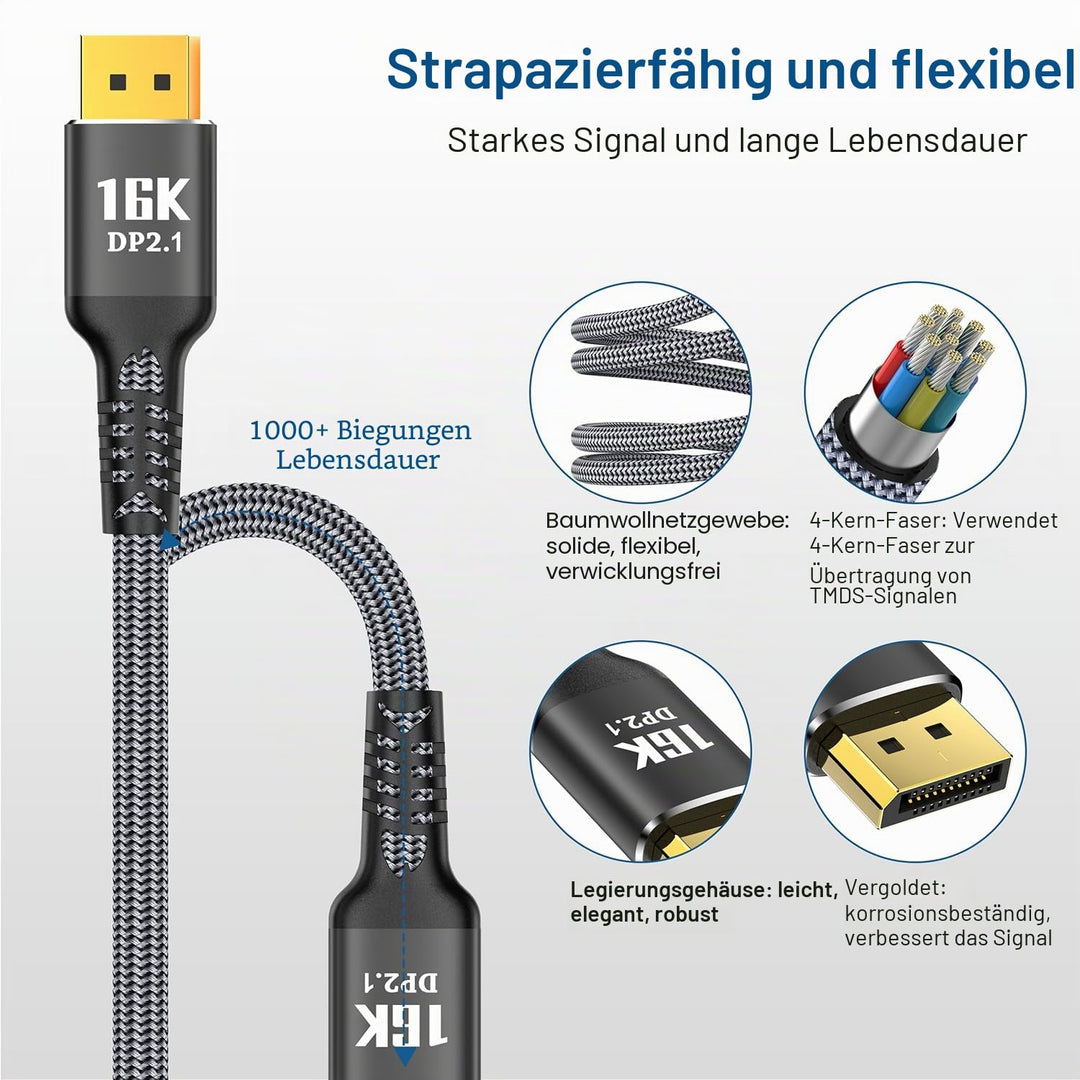 3m DisplayPort Kabel 16K DP 2.1 2.0 [16K @ 60Hz, 8K @ 120Hz, 4K @ 240Hz 165Hz 144Hz, 80Gbps HDR10 HD