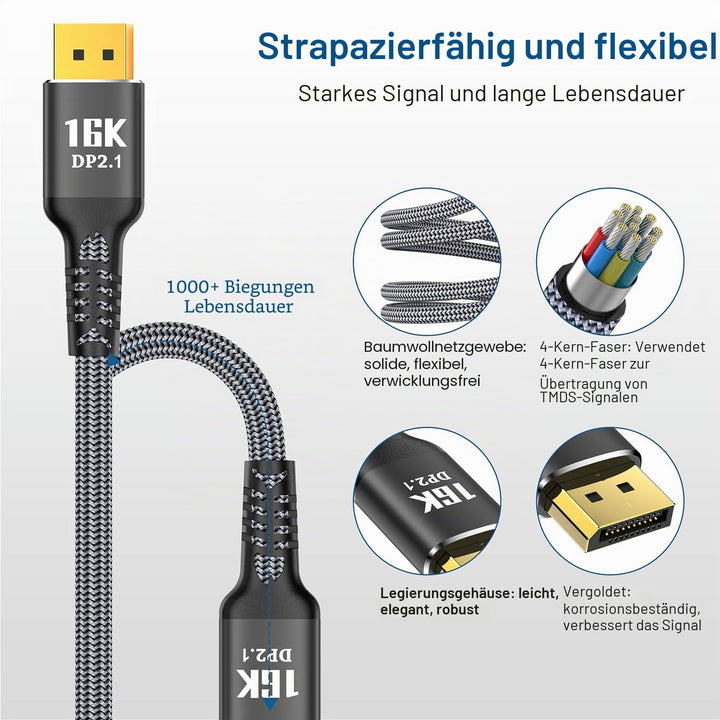 3m DisplayPort Kabel 16K DP 2.1 2.0 [16K @ 60Hz, 8K @ 120Hz, 4K @ 240Hz 165Hz 144Hz, 80Gbps HDR10 HD