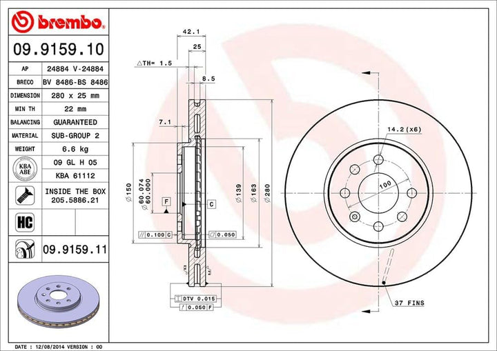 Brembo 09.9159.11 Vordere Bremsscheibe mit UV Lackierung, Anzahl 2
