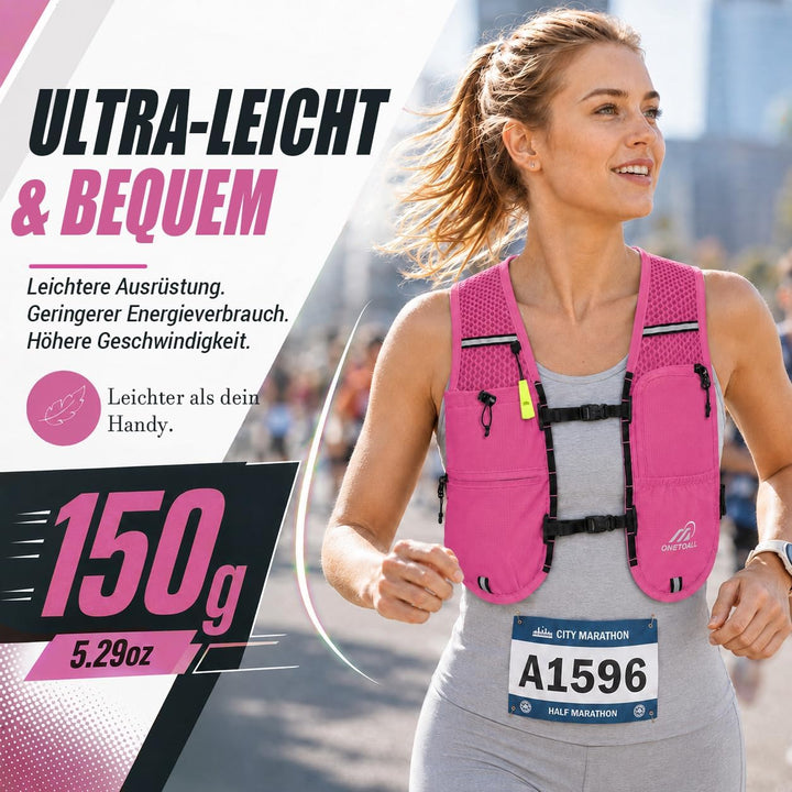 Laufweste Damen mit 500ml Trinkflasche/2L Trinkblase, Leichter Trinkrucksack Laufen Herren 6L, Runin