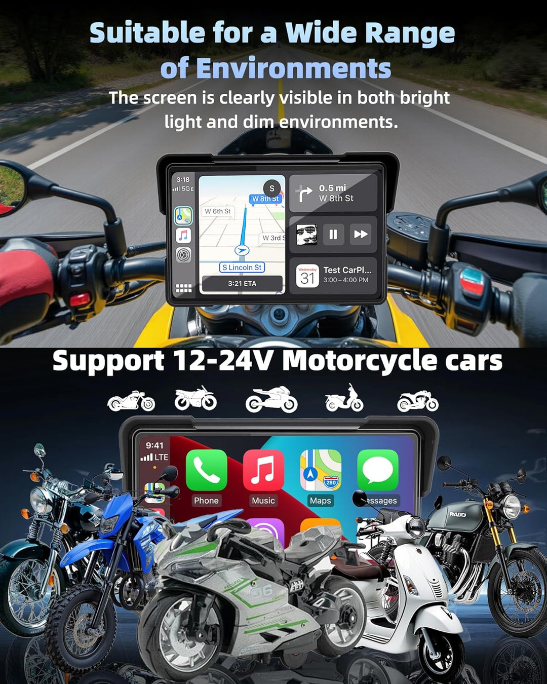 Jansite Motorrad Carplay Bildschirm Android Auto mit TPMS Reifendrucküberwachungssystem, 7 Zoll Moto