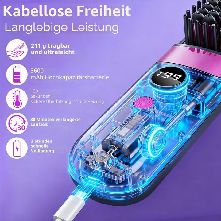 LOPHE Glättbürste, 2 in 1 Haarglätter Bürste mit LED Display, Hair Straightener Kabellos und Verbrüh