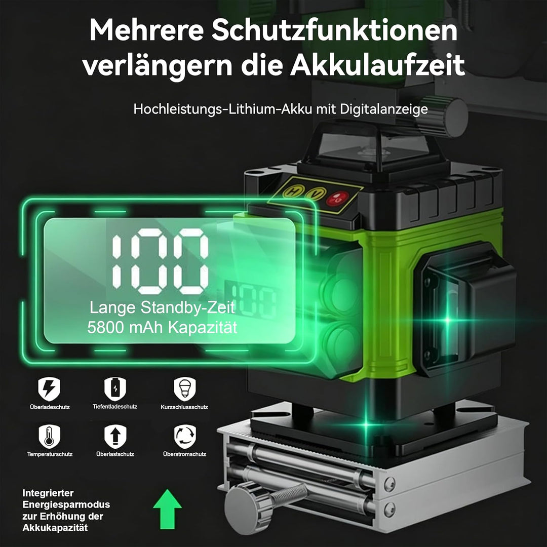 Kreuzlinienlaser mit Stativ, 4x360 Grad Grün Selbstnivellierend Laser Wasserwaage mit 2xBatterien 4D