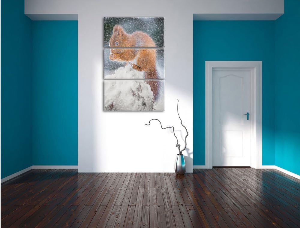 Pixxprint Kleines Eichhörnchen im Winter Bunstift Effekt 3-Teiler Leinwandbild 120x80 Bild auf Leinw