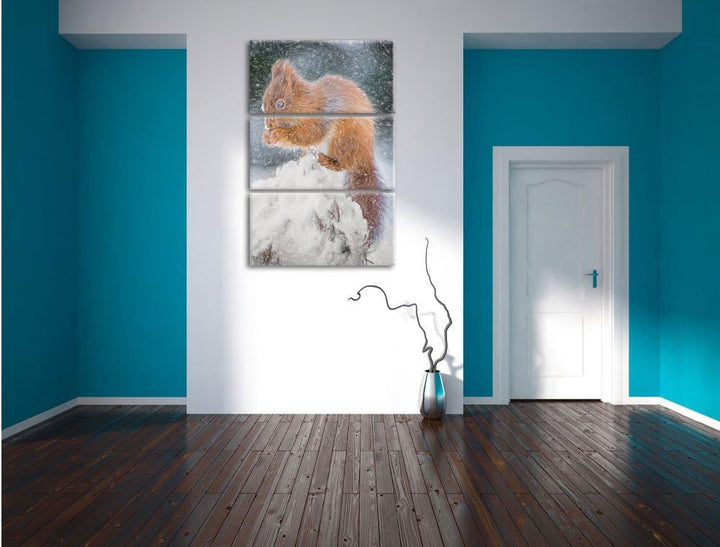 Pixxprint Kleines Eichhörnchen im Winter Bunstift Effekt 3-Teiler Leinwandbild 120x80 Bild auf Leinw