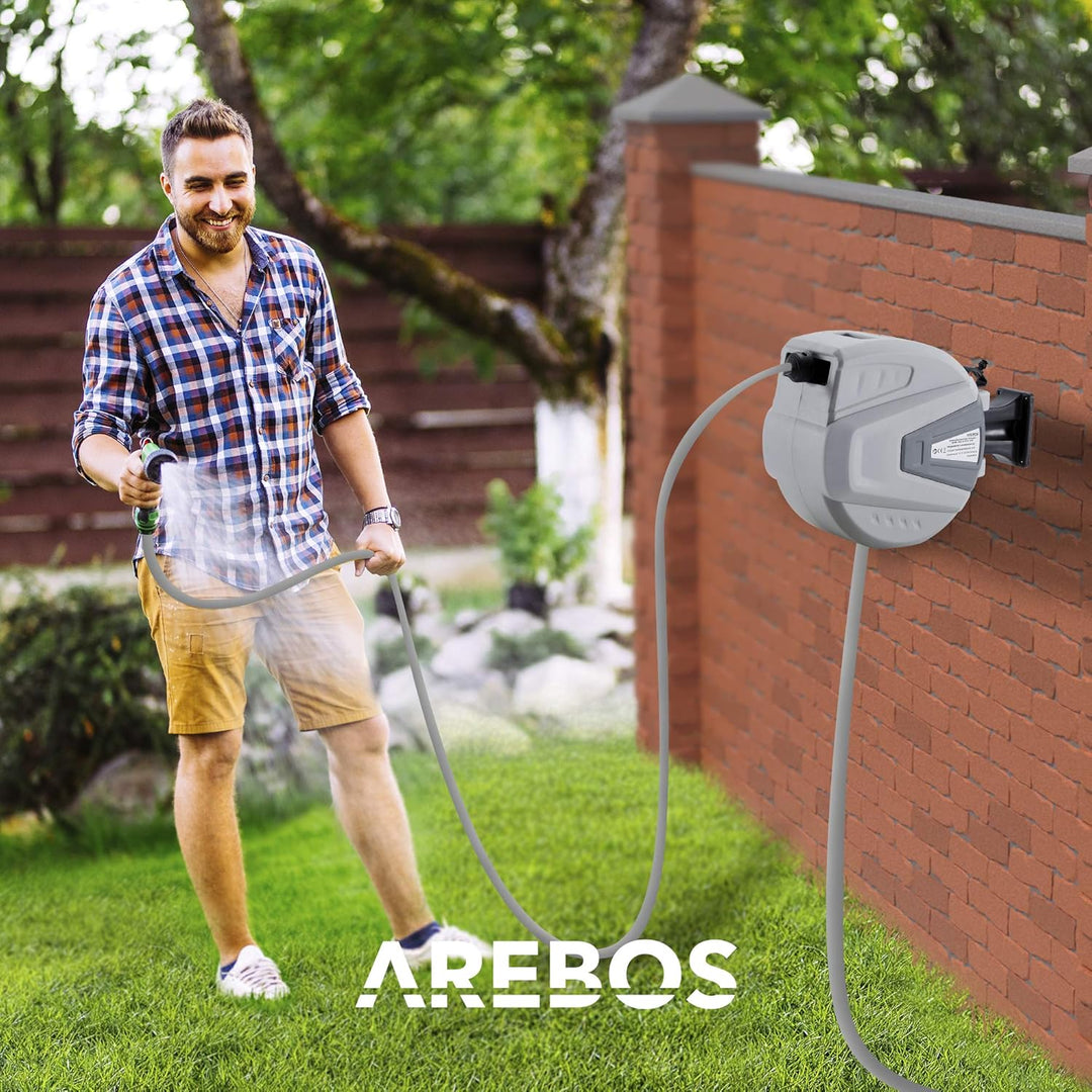 Arebos Schlauchaufroller | 20 m Schlauchtrommel | Wand-Schlauchbox mit Arretierstop & 9 Sprühunktion