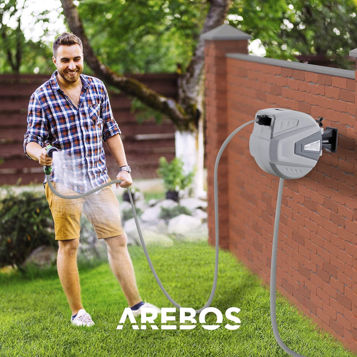 Arebos Schlauchaufroller | 20 m Schlauchtrommel | Wand-Schlauchbox mit Arretierstop & 9 Sprühunktion