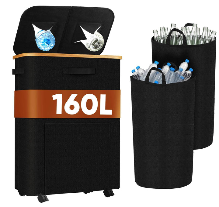 160L Leergut Sammelbehälter mit 2 Fächer, Pfandflaschen Sammelbehälter mit Rollen, Pfandbehälter mit