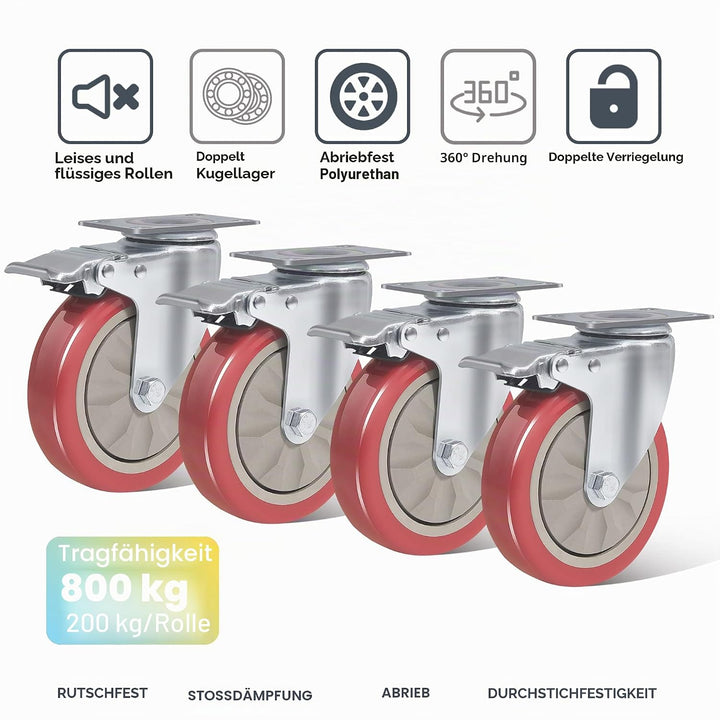 BAOLIHUI 4er Set Lenkrollen für Möbel 125MM Möbelrollen mit Bremse Schwerlastrollen 800kg Rot Rollen