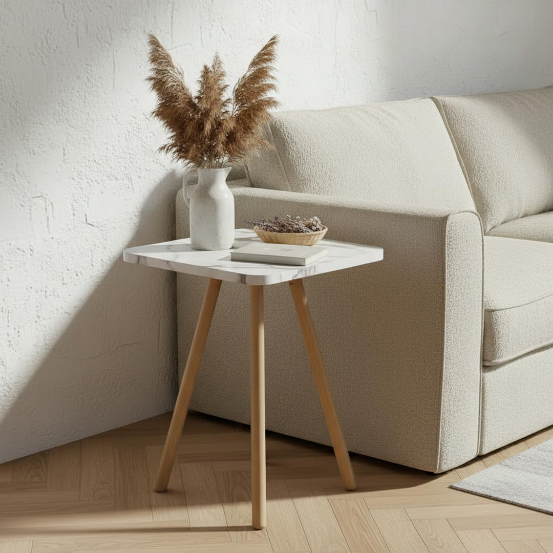 Beistelltisch Creme Marmor Optik 34x45 cm Holzbeine Sofatisch Creme-marmor Quadratisch, Creme-marmor