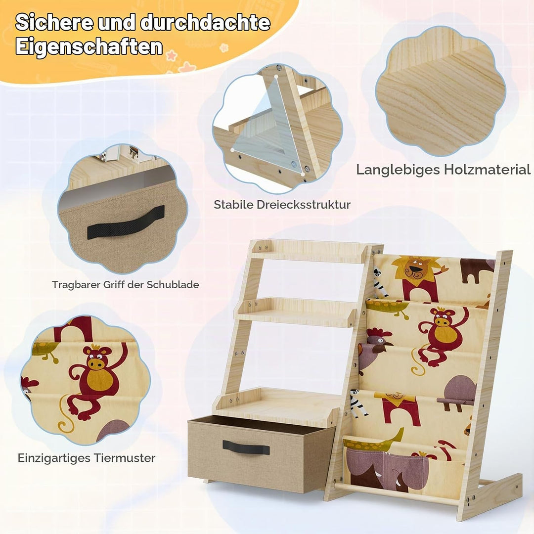 Kinderregal mit Spielzeugorganizer 2-in-1 – Bücherregal aus Holz &amp; Stoff mit 4 Fächern, Schublade &amp;