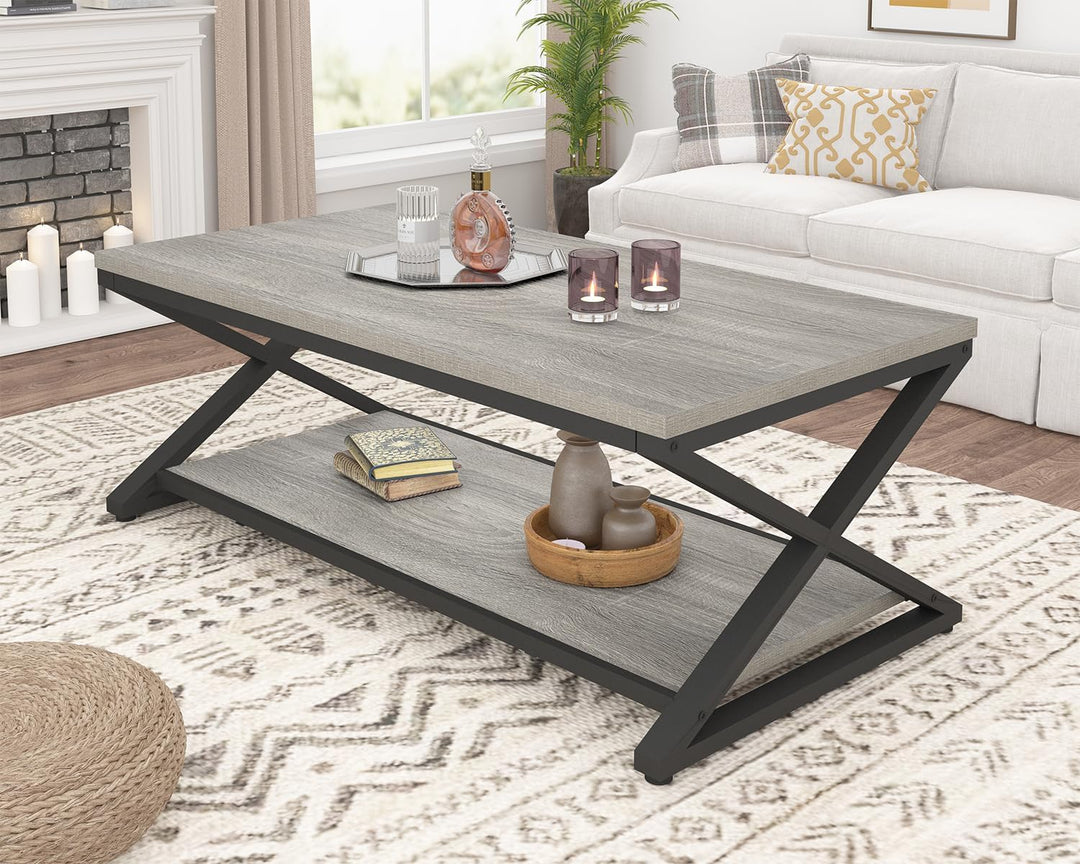 HSH Couchtisch mit Stauraum Grau Wohnzimmertisch Industrielles Holz und Metall Teetisch Rechteckiger