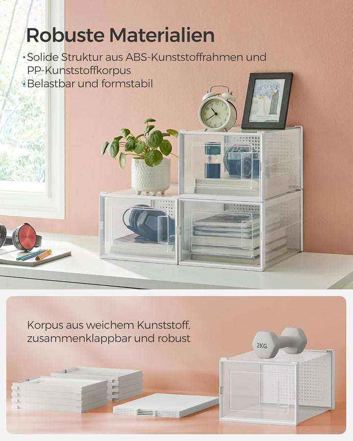 SONGMICS Schuhboxen, 12er Pack Schuhkartons, faltbar und stapelbar, bis Grösse 46, transparent-weiss