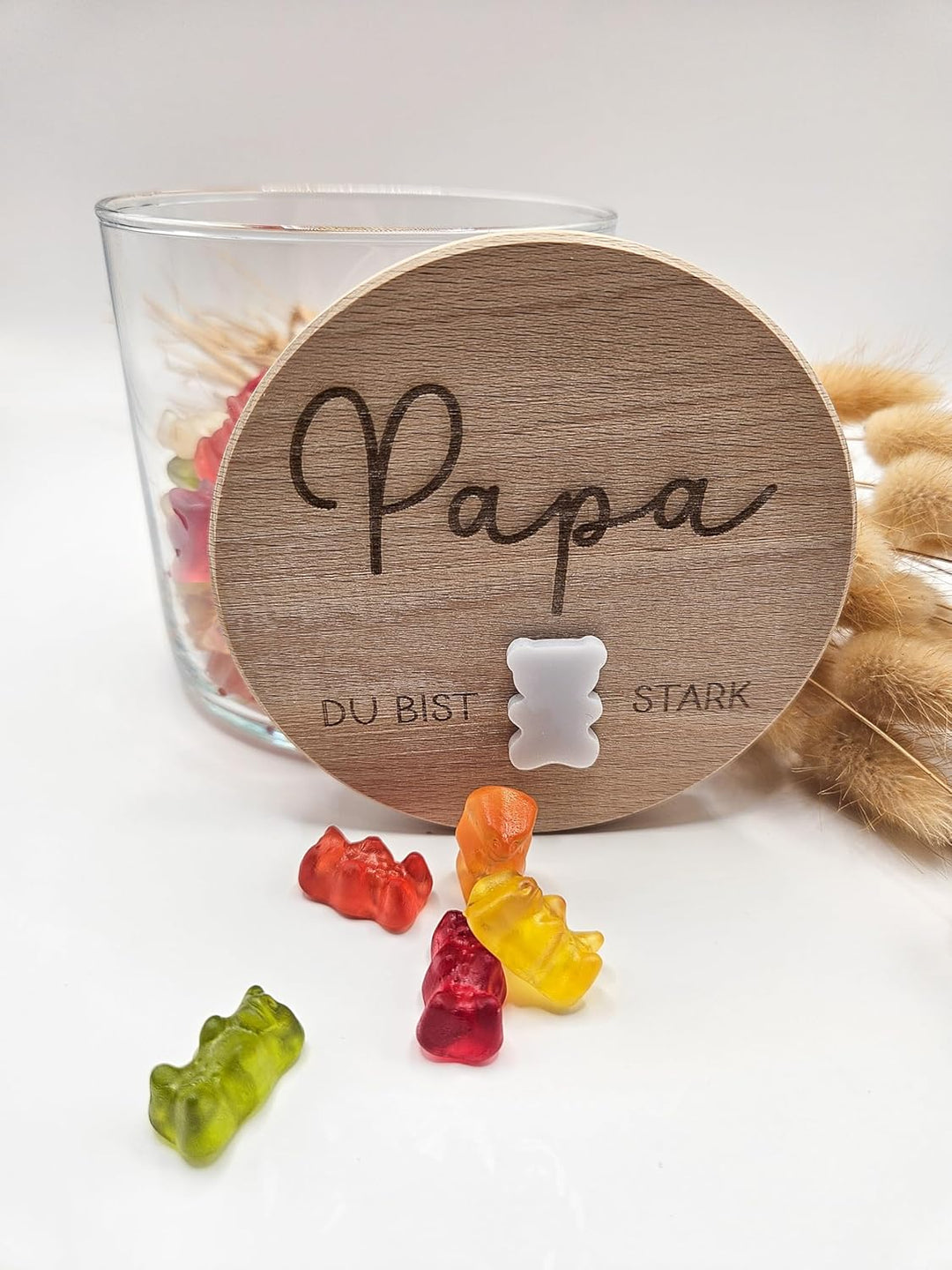 Generisch Personalisiertes Vorratsglas mit Holzdeckel, Papa Du Bist Stark Gravur, 530ml, mit 3D Acry