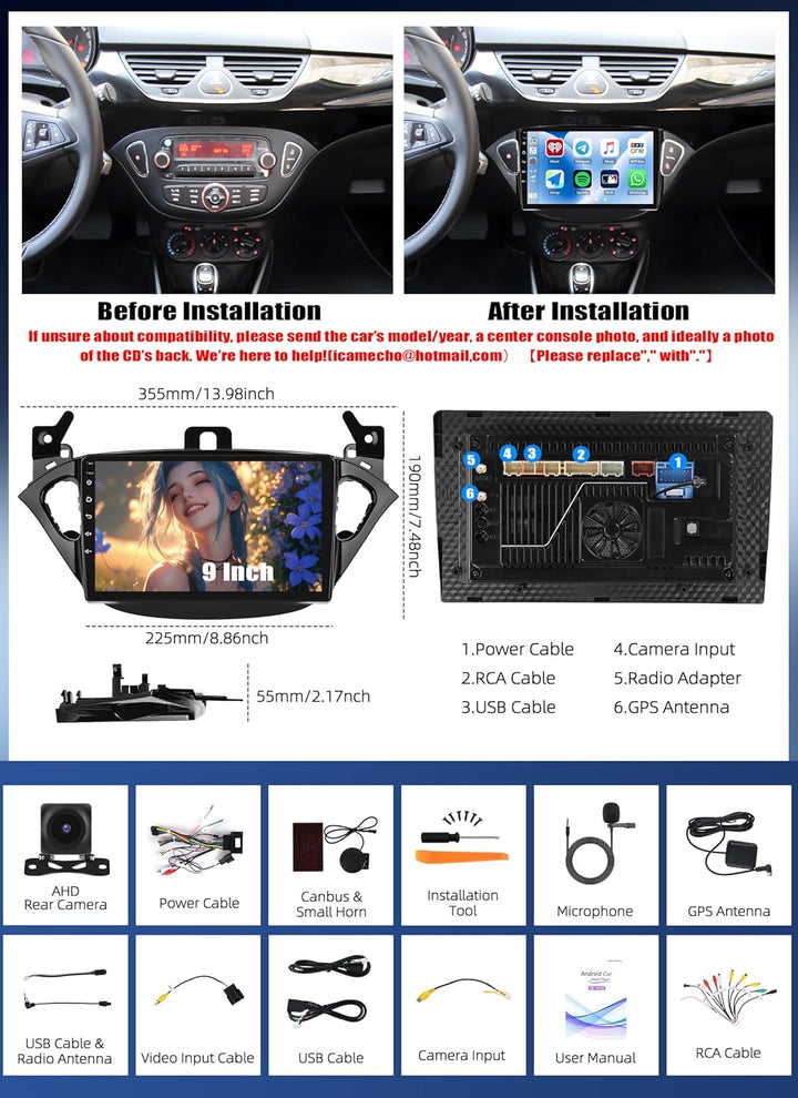 4G+64G 8Core Qualcomm CAMECHO Android 13 Autoradio für Opel Corsa 2015-2019/Opel Adam 2013-2016 mit