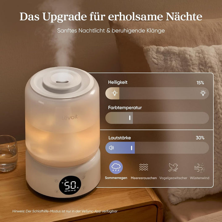 Levoit Smart Luftbefeuchter Schlafzimmer, 4,2 L Top-Fill, Kühler Nebel | leicht zu reinigen, 21 dB H