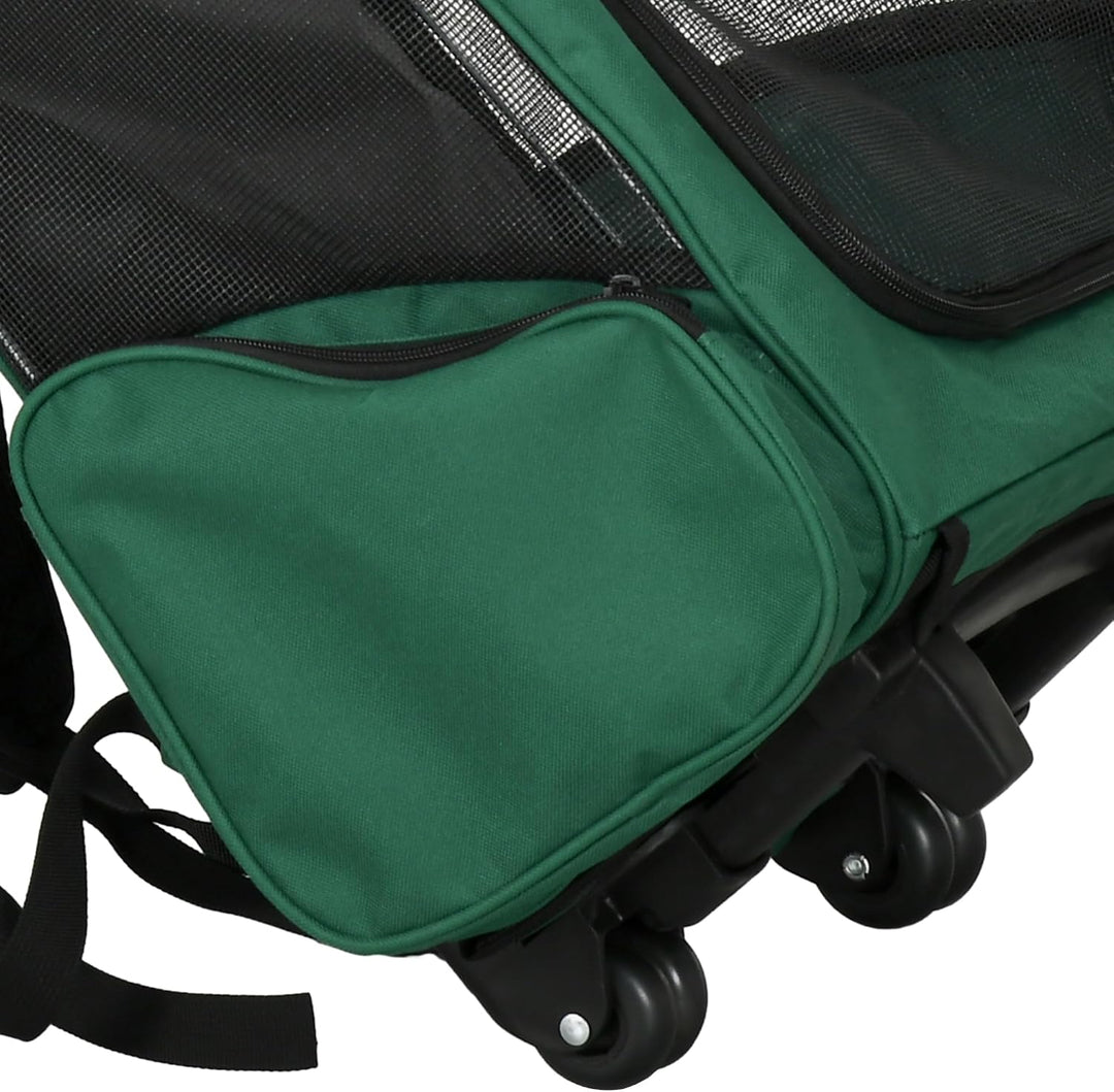 PawHut 2-in-1 Rucksackträger für Haustiere mit Rädern 42x25x55cm Grün | Seitentaschen, Teleskopgriff