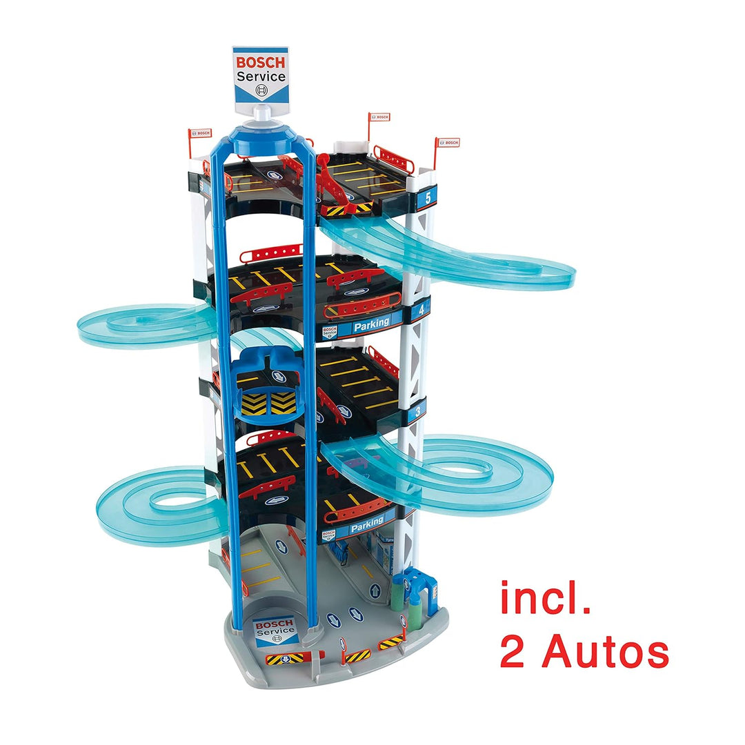 Theo Klein 2813 Bosch Car Service Parkhaus I Mit 5 Ebenen, doppelter Abfahrtrampe, 2 Rennautos, Fahr