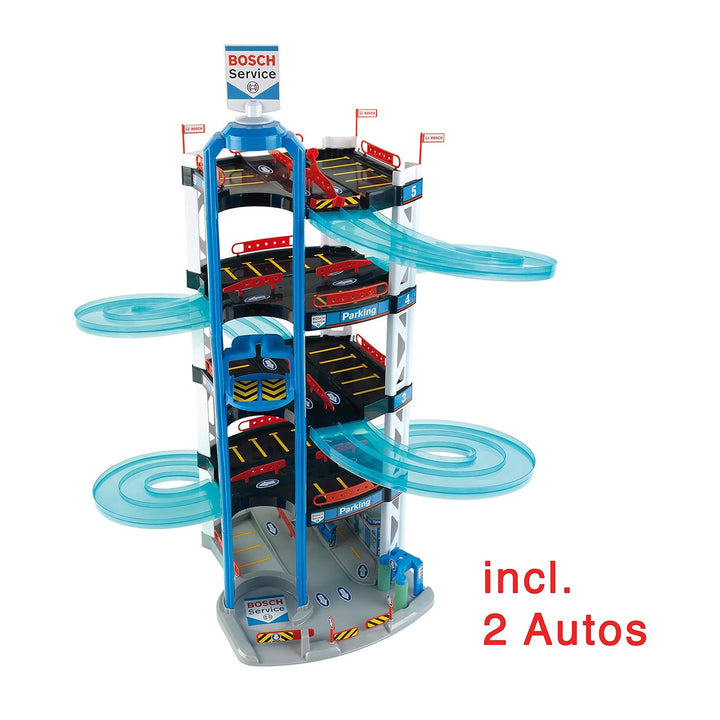 Theo Klein 2813 Bosch Car Service Parkhaus I Mit 5 Ebenen, doppelter Abfahrtrampe, 2 Rennautos, Fahr
