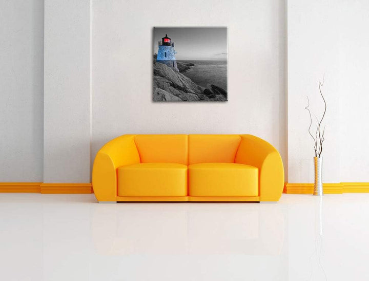 Pixxprint winziger Leuchtturm auf Felsen schwarz/weiss, Format: 70x70 auf Leinwand, 70x70