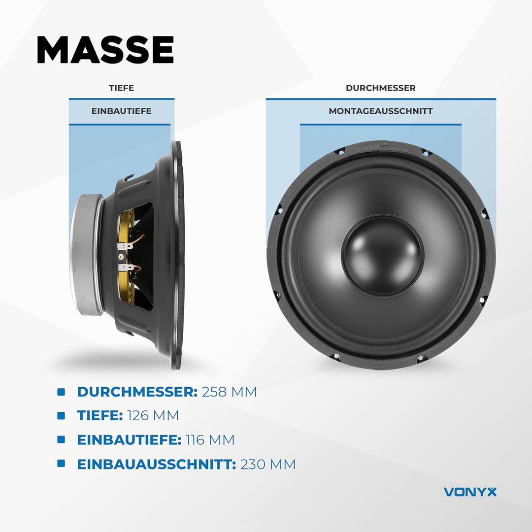 Fenton WP25 - HiFi Basslautsprecher, 25 cm PP-Membran Chassis Ersatz Lautsprecher, 250 Watt - 8 Ohm