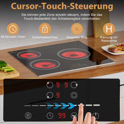 Glaskeramikkochfeld 3 Platten, DELITEER Kochfeld mit Rahmen, 60cm Einbau, 5200W, Slider-Touch-Steuer