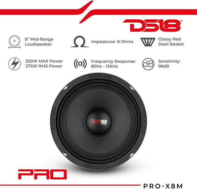 DS18 PRO-X8M Auto-Mitteltöner-Lautsprecher, 20,3 cm (8 Zoll), 550 W, 8 Ohm, Bass-Lautsprecher 20,3 c