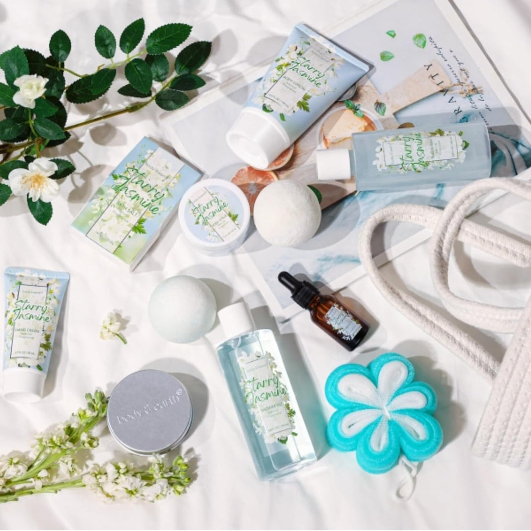 BODY & EARTH Geschenkset Frauen, 11 tlg. Jasmin Geschenkkorb, Ätherisches Öl, Duschgel, Schaumbad, S
