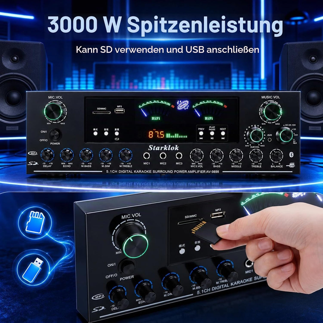 3000W Verstärker HiFi Stereo, 5.1-Channel Stereo Verstärker, 3 Mikrofoneingängen, Bluetooth 5.0, USB