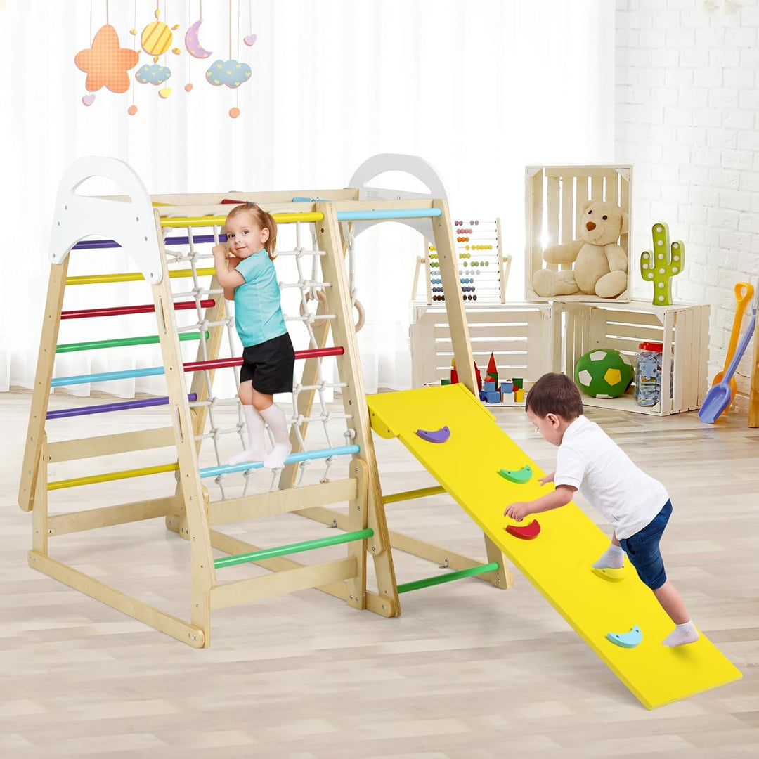 COSTWAY Klettergerüst Indoor, 6 in 1 Turnringen & Kletterfelsen & Kletternetz & Leiter & Pull Up Bar