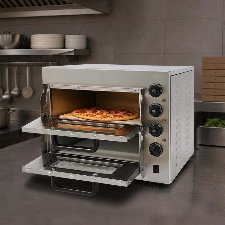 3000W Pizzaofen 2 Etagen, Edelstahl Elektrisch mit Handschuhe