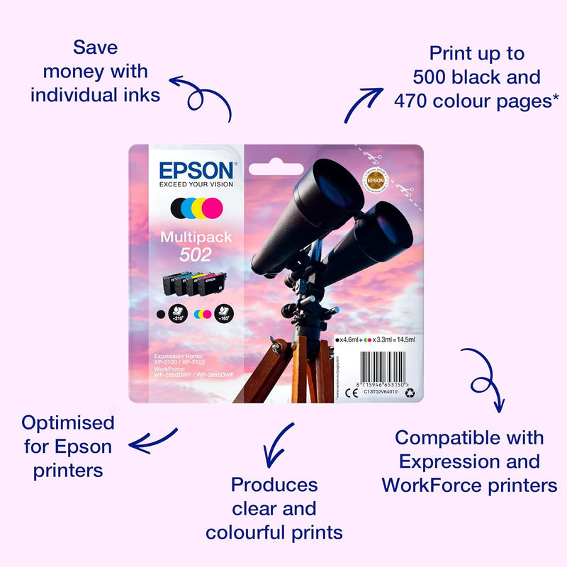 Epson Original 502 Tinte Fernglas Multipack 4-farbig Standard, XP-5100 XP-5105 XP-5150 XP-5155 WF-28