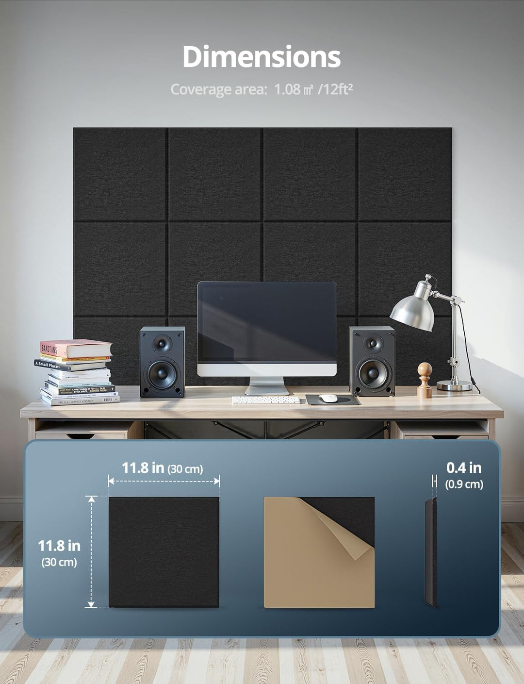 Akustikplatten Selbstklebend Filz, 12 Stück Wand, Decke, Tür Schallabsorber für Studio, Wohnzimmer,