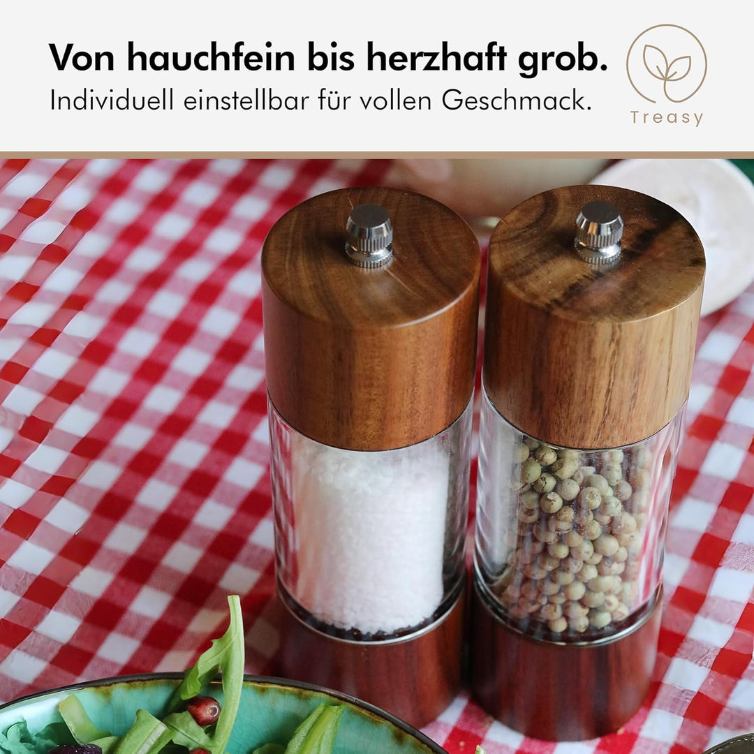 Treasy Salz- und Pfeffermühlen Set aus Holz – 2er Set Gewürzmühlen mit Keramikmahlwerk, einstellbare