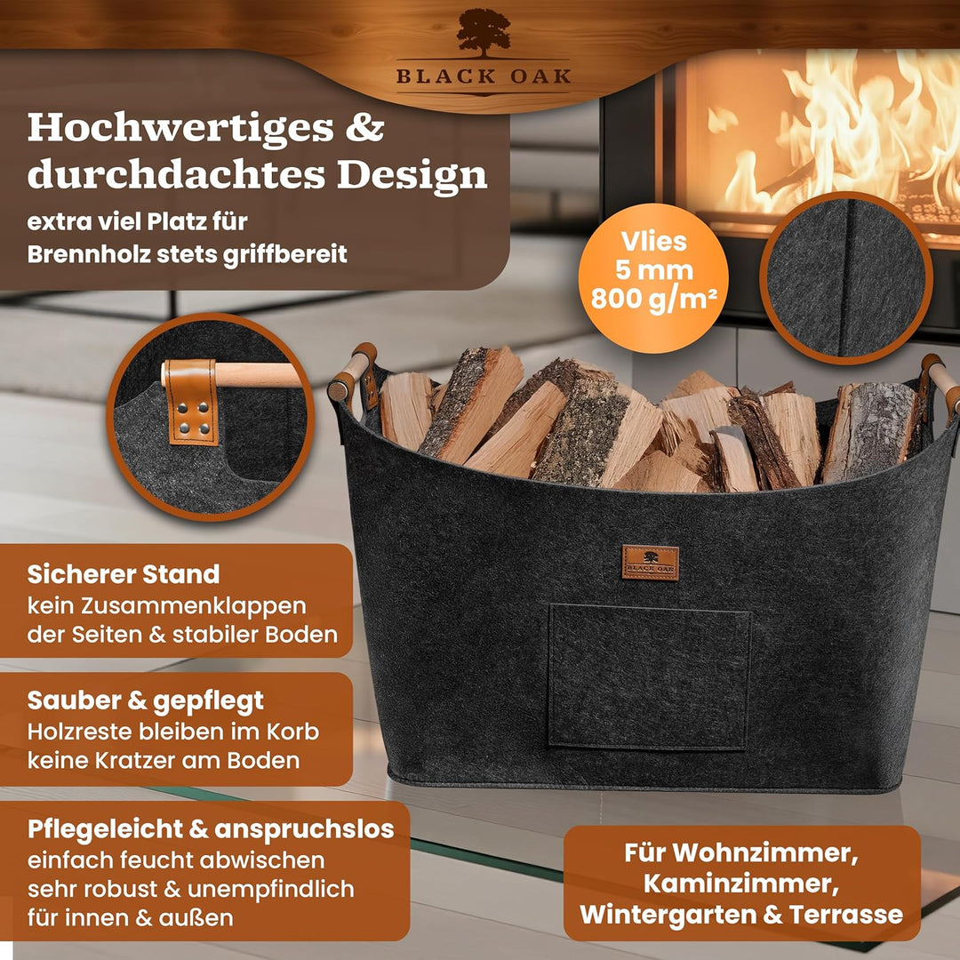 BLACK OAK Montana XXL 100L Filzkorb &amp; Holzkorb für Kaminholz - Echt-Leder Applikation + breite Griff