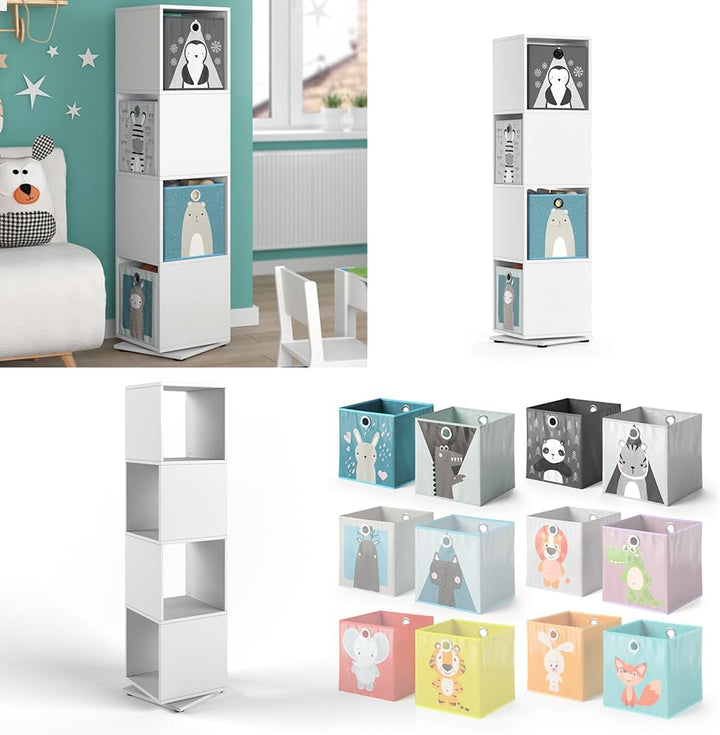 Vicco Kinderregal, Weiss, 35.2 x 141.5 cm mit 4 Faltboxen Weiss Drehregal + 4 Faltboxen, Weiss Drehr