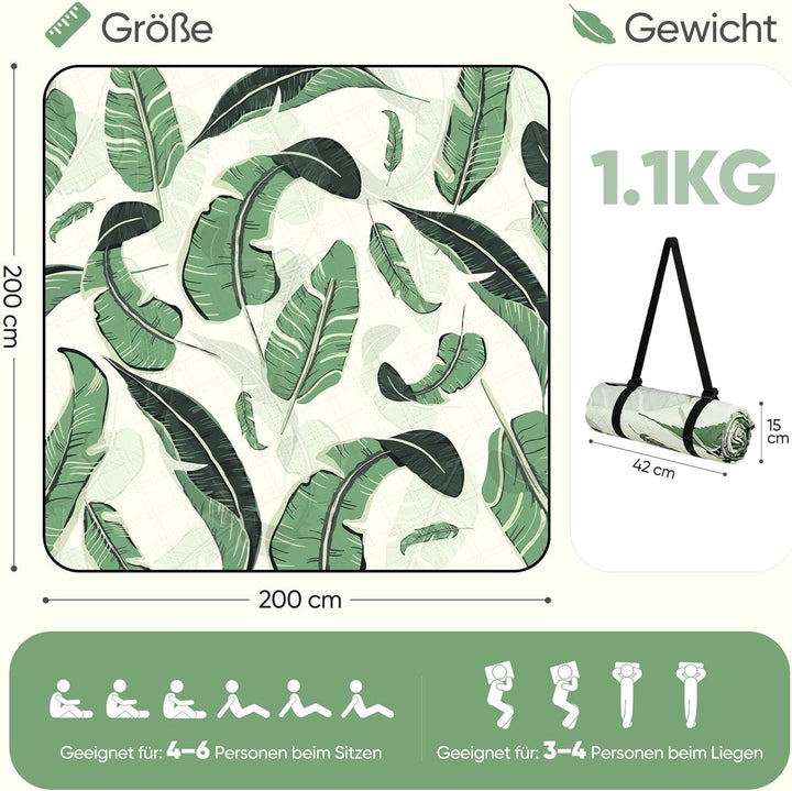 Sekey Picknickdecke Wasserdicht 200x200 cm, Stranddecke Sandfrei | Gepolstert, Dreischichtige Strukt