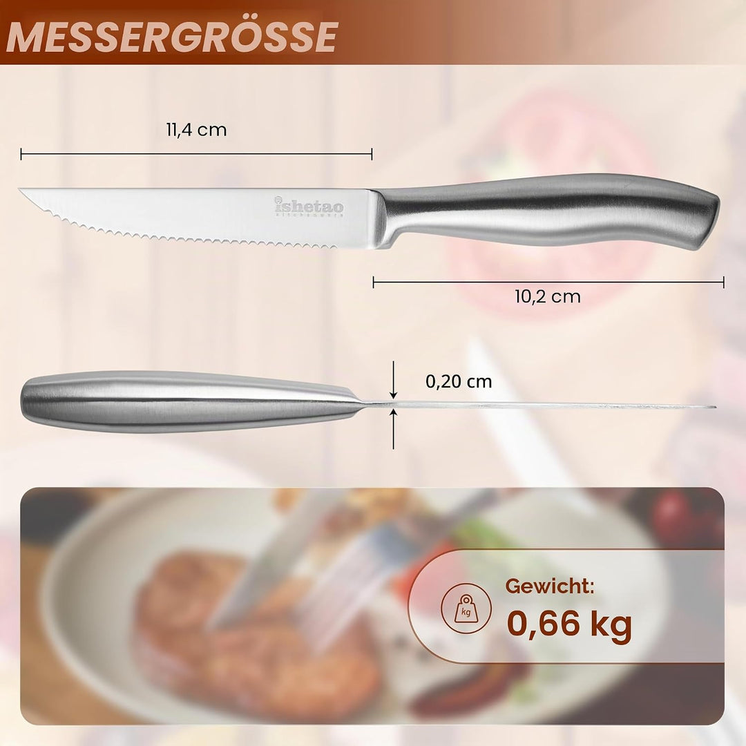 isheTao Steakmesser-Set, 6-teilig, Extra Scharfe Klinge, Wellenschliff, spülmaschinengeeignet, 12 cm