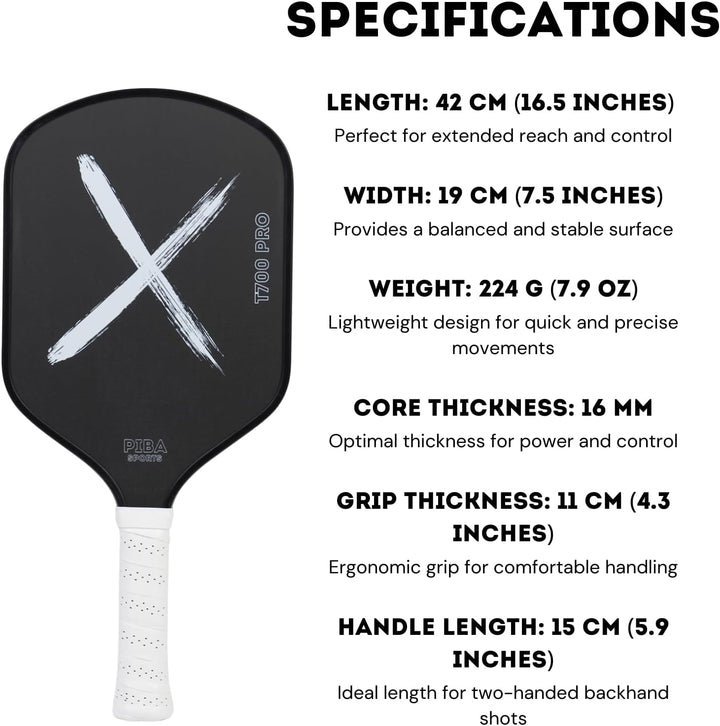 PRO Pickleball Schläger – T700 Carbon, 16mm Honeycomb, Angeraute Oberfläche für Top Spin, Verlängert