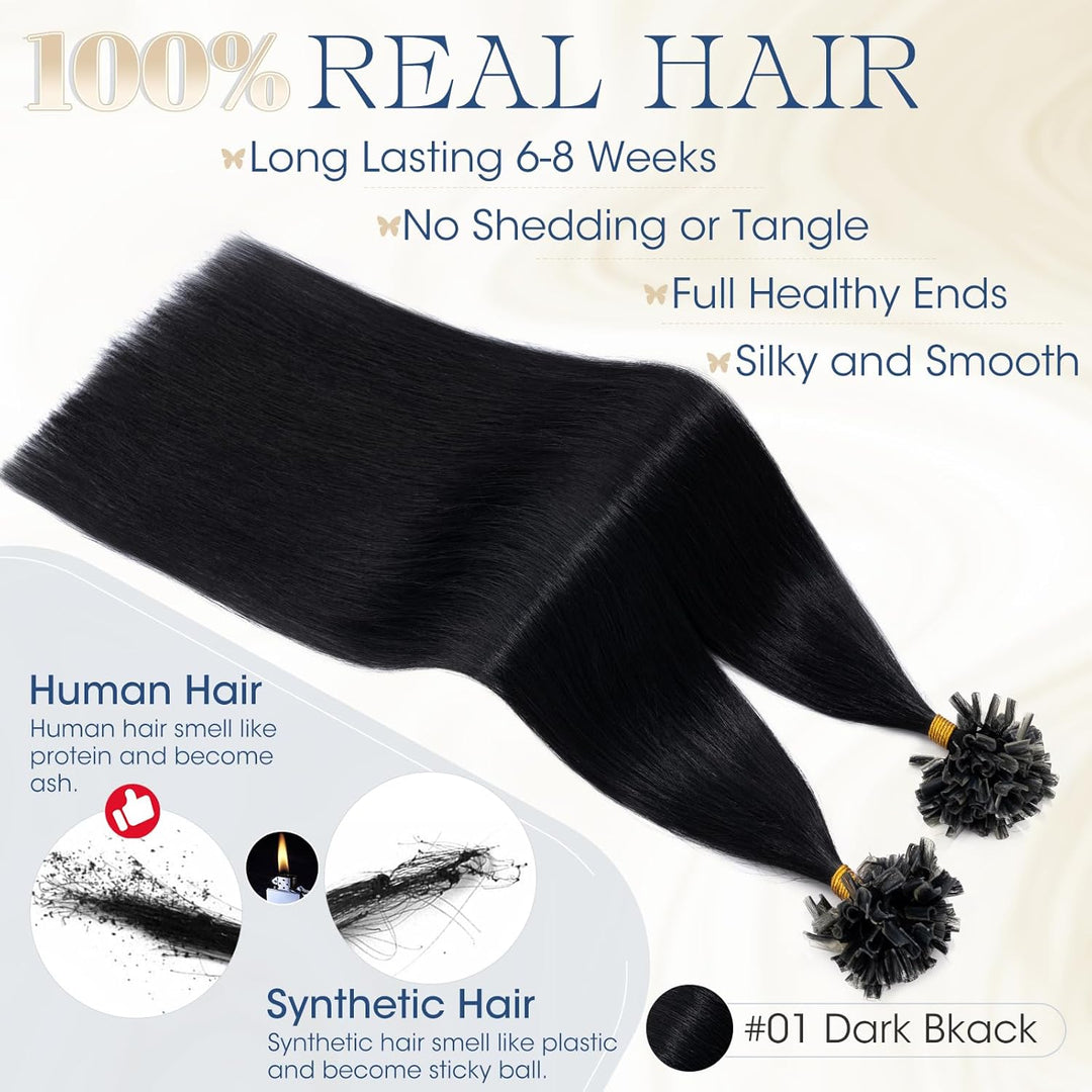 Elailite Extensions Echthaar Bonding 0.5g/s 45cm #1 Schwarz U Tip Hair Extensions Keratin 100 Strähn