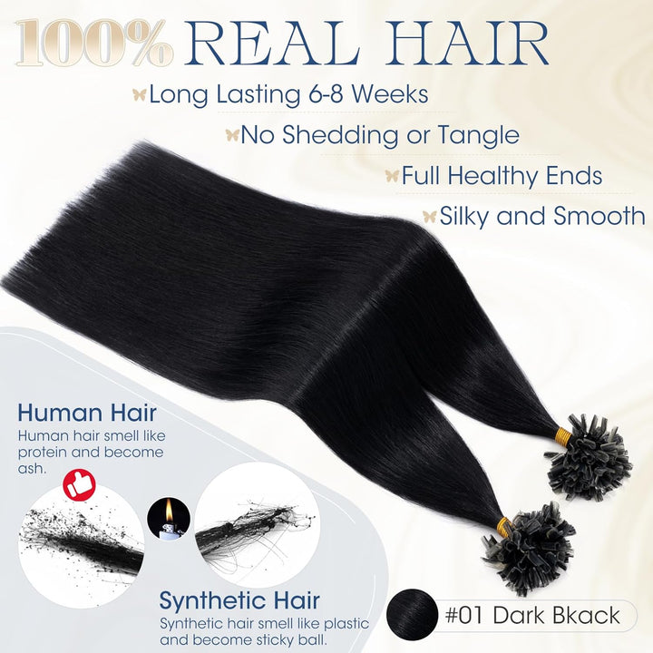 Elailite U-Tip Echthaar Bonding Extensions Keratin Haarverlängerung Haar Glatt #1 Schwarz 100 Strähn